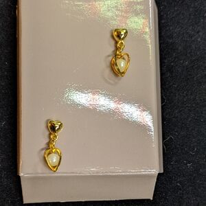 Vintage AVON Heart Charm Earrings, Pierced, Goldtone & Faux Pearl, NOS